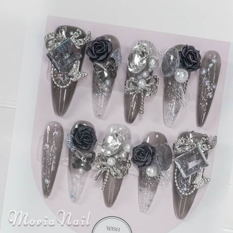 量産型ネイルチップ 埋めつくし黄色マーブル地雷系ハーネスピアス