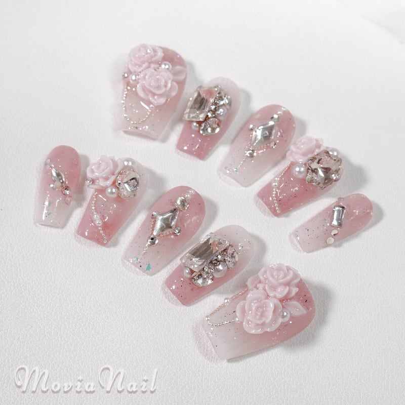 ネイルチップ‪‪⋈花柄フラワー春♡ピンク白♡3D薔薇グラデ振袖袴韓国‬‬