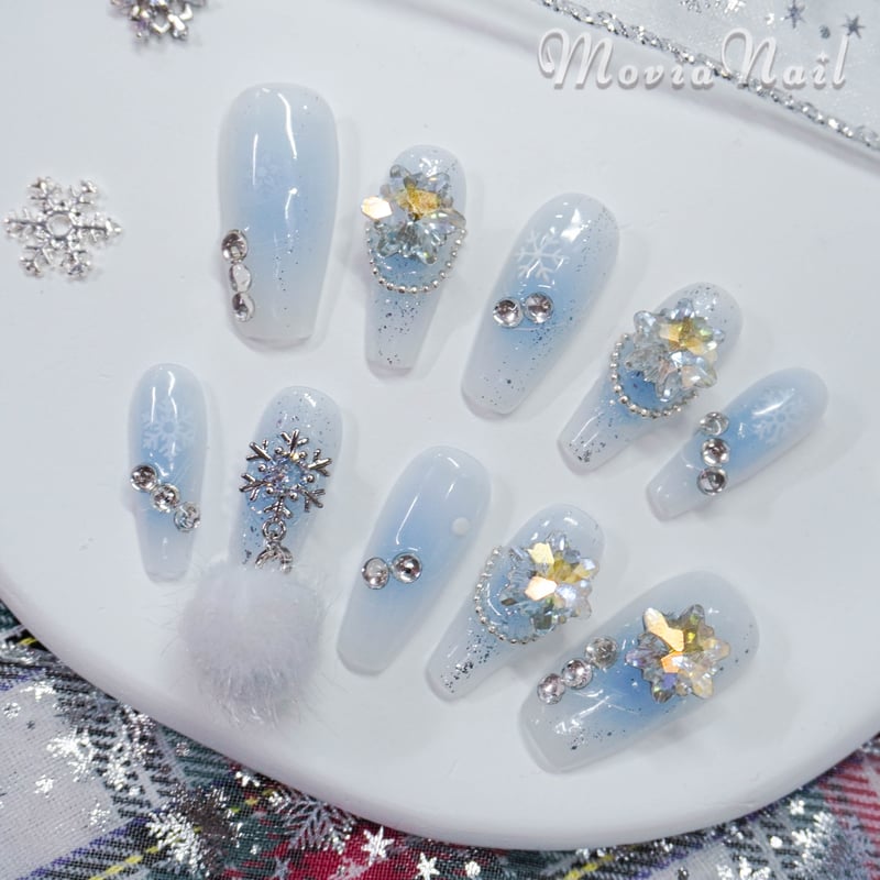 ネイルチップ‪‪⋈量産型韓国 水色 冬 クリスマス 雪 チャーム‬‬
