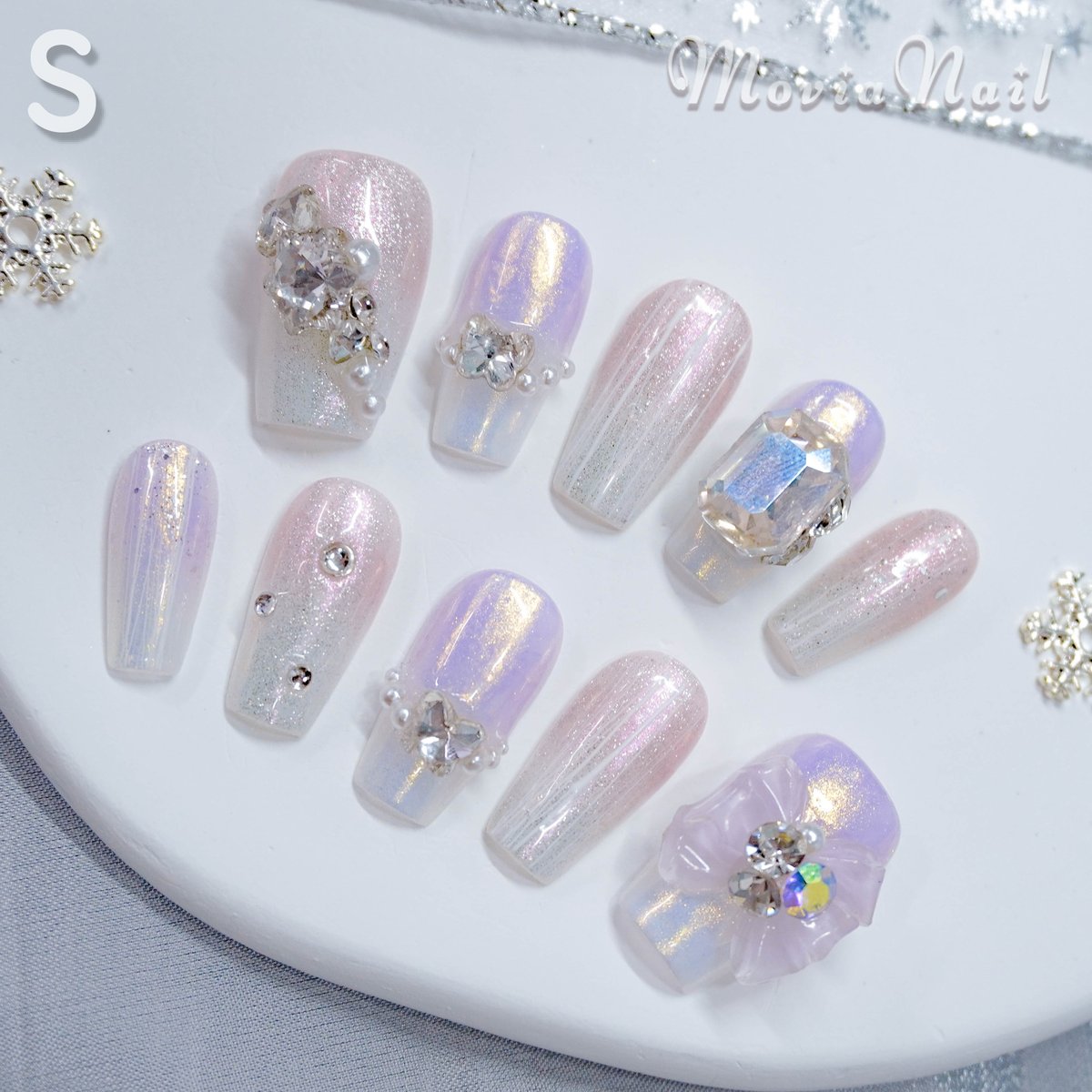 ネイルチップ‪‪⋈量産型 韓国 紫ピンクオーロラ リボン フレンチ‬‬  