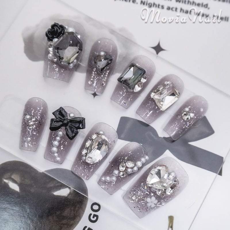 ネイルチップ‪‪⋈量産地雷系 韓国 黒 リボン フレンチガーリー‬‬