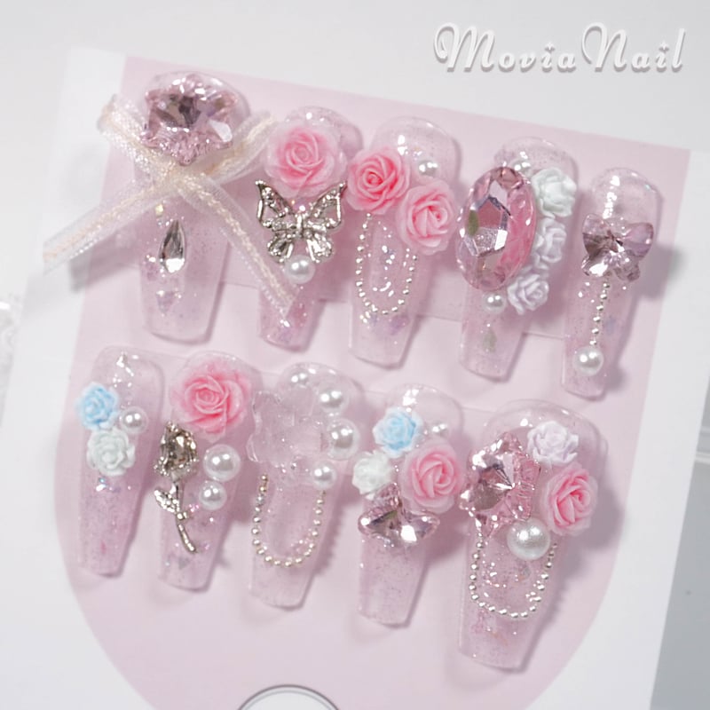 ピンク254M♡韓国ワンホンゴテゴテギャル3D薔薇花柄フラワー春ネイル