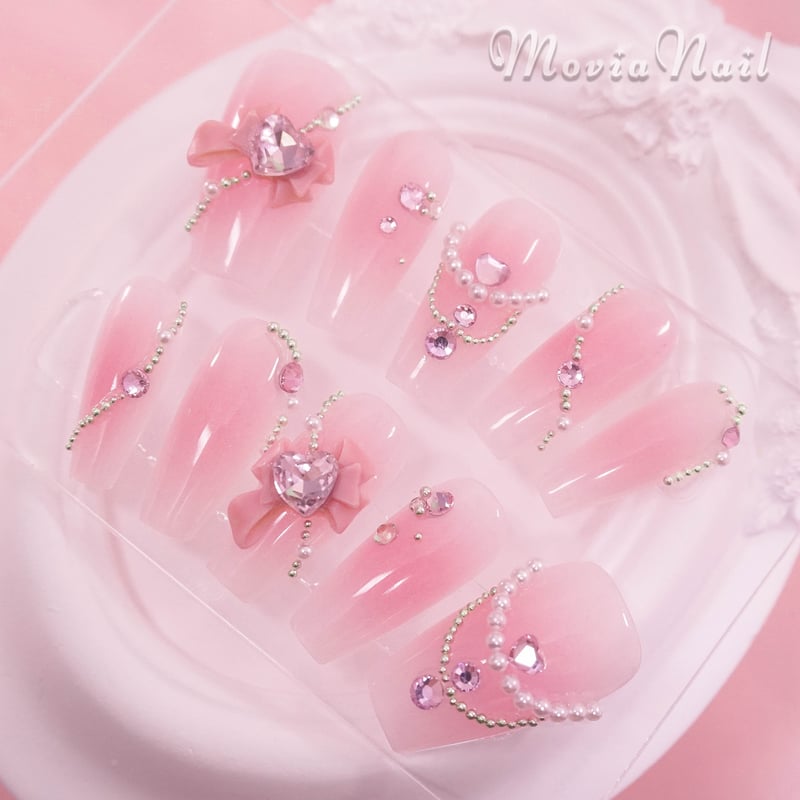 ネイルチップ‪‪⋈量産型 韓国 ピンク チーク リボン フレンチガーリー‬‬  
