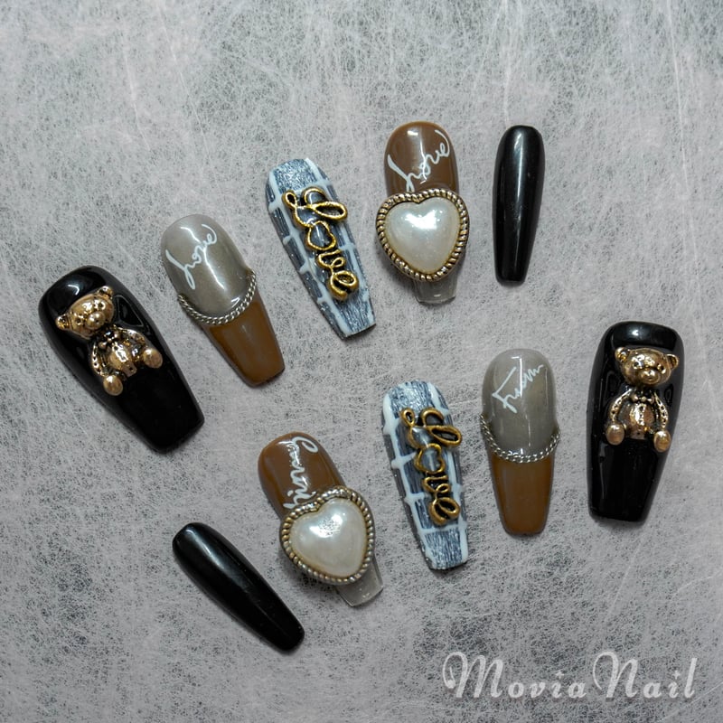 ネイルチップチョコレートツイードチェック韓国ワンホンキラキラくま