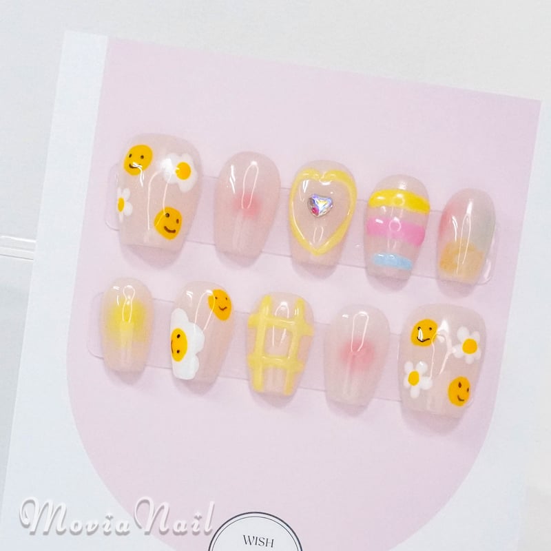 イエロー19M☆個性派手3Dぷっくり韓国ニコちゃんポップ夏ネイル