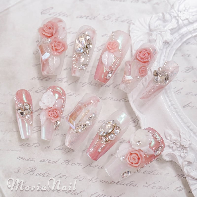 ネイルチップ‪‪⋈量産型ワンホン韓国♡ピンクオーロラ♡ローズフラワー‬‬