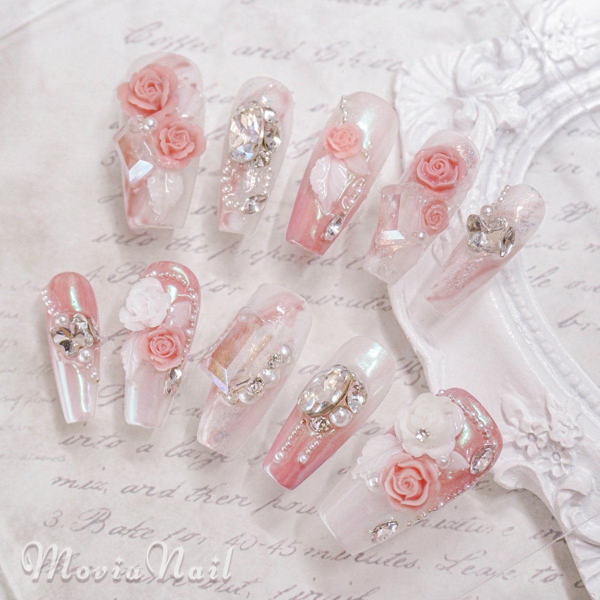 ネイルチップ‪‪⋈量産型ワンホン韓国♡ピンクオーロラ♡ローズフラワー‬‬
