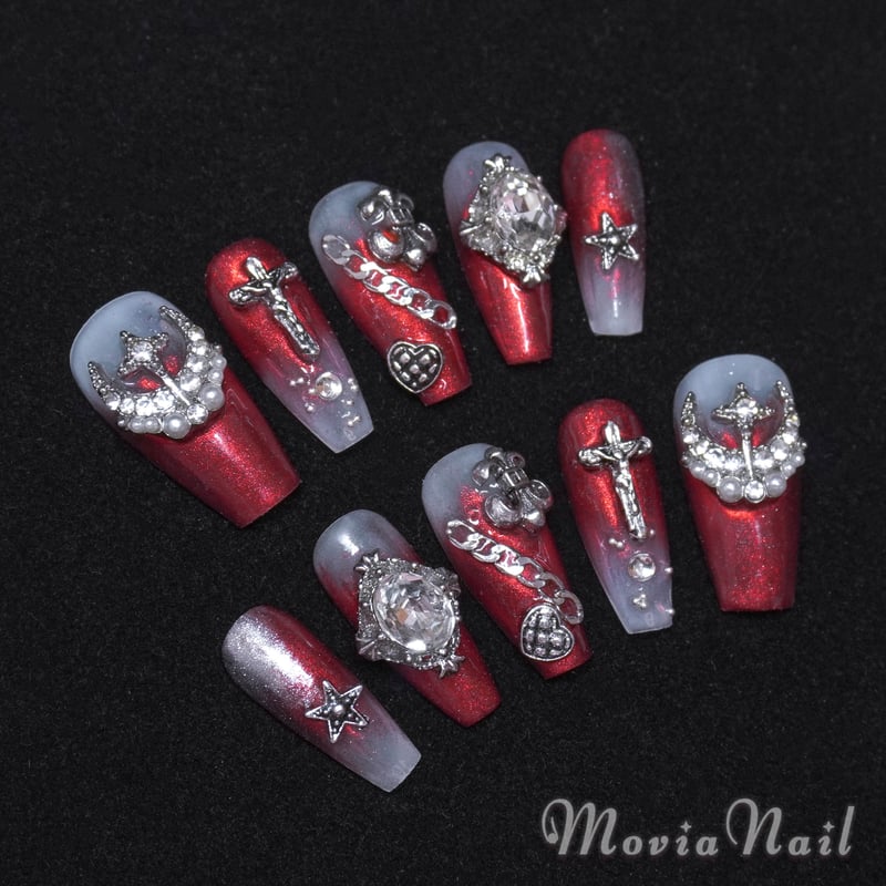 ネイルチップ☆地雷系韓国 レッド赤 十字架 金属風クロム ゴシック  