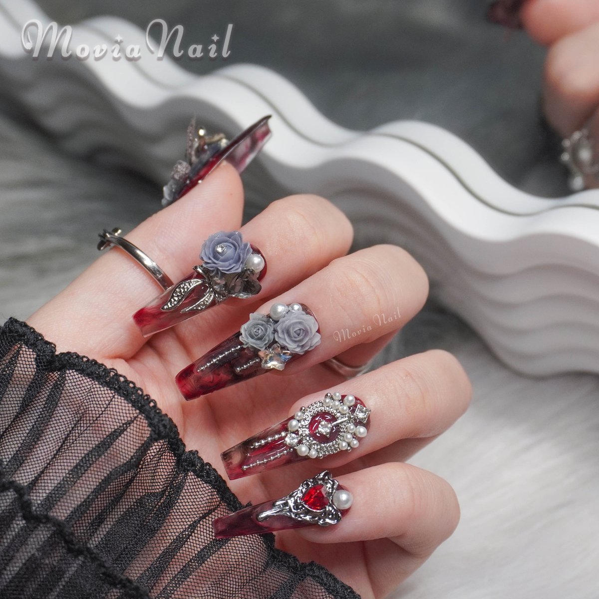 オーダー】ネイルチップ フレンチ レース 薔薇