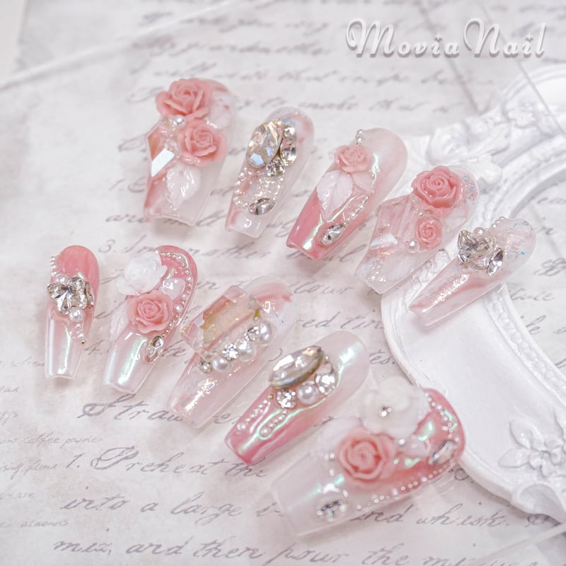 ネイルチップ‪‪⋈量産型ワンホン韓国♡ピンクオーロラ♡ローズフラワー‬‬