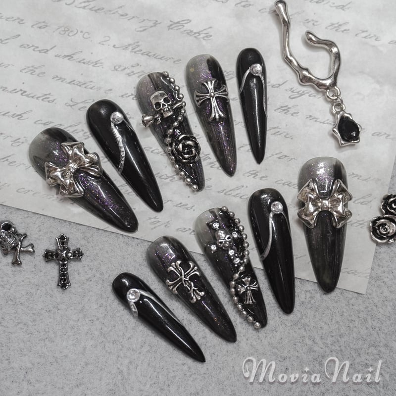 ネイルチップ☆地雷y2kサブカル韓国☆黒紫ラメ☆ドクロバンギャ