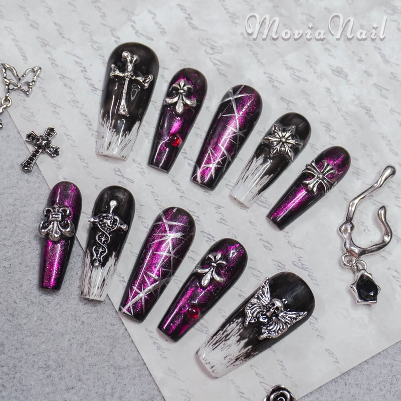 ネイルチップオーダー 地雷 サブカル パンク ゴテゴテ 黒 紫 Y2k