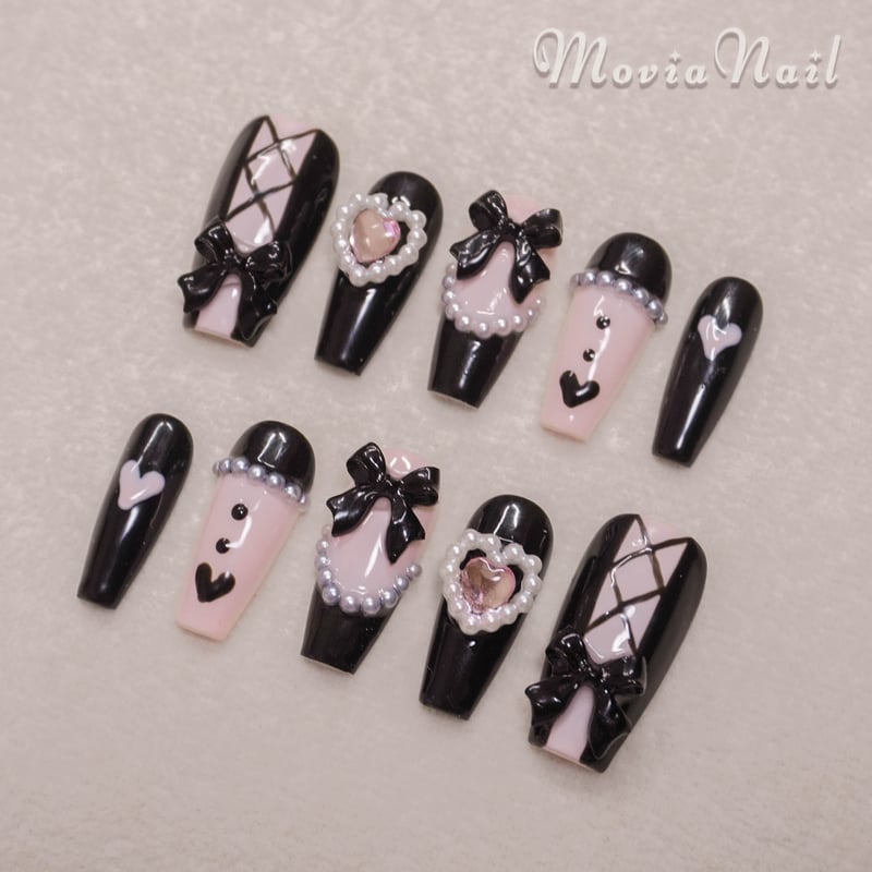 ネイルチップ‪‪☆量産型地雷y2kワンホン韓国☆ピンク黒☆バンギャ‬‬