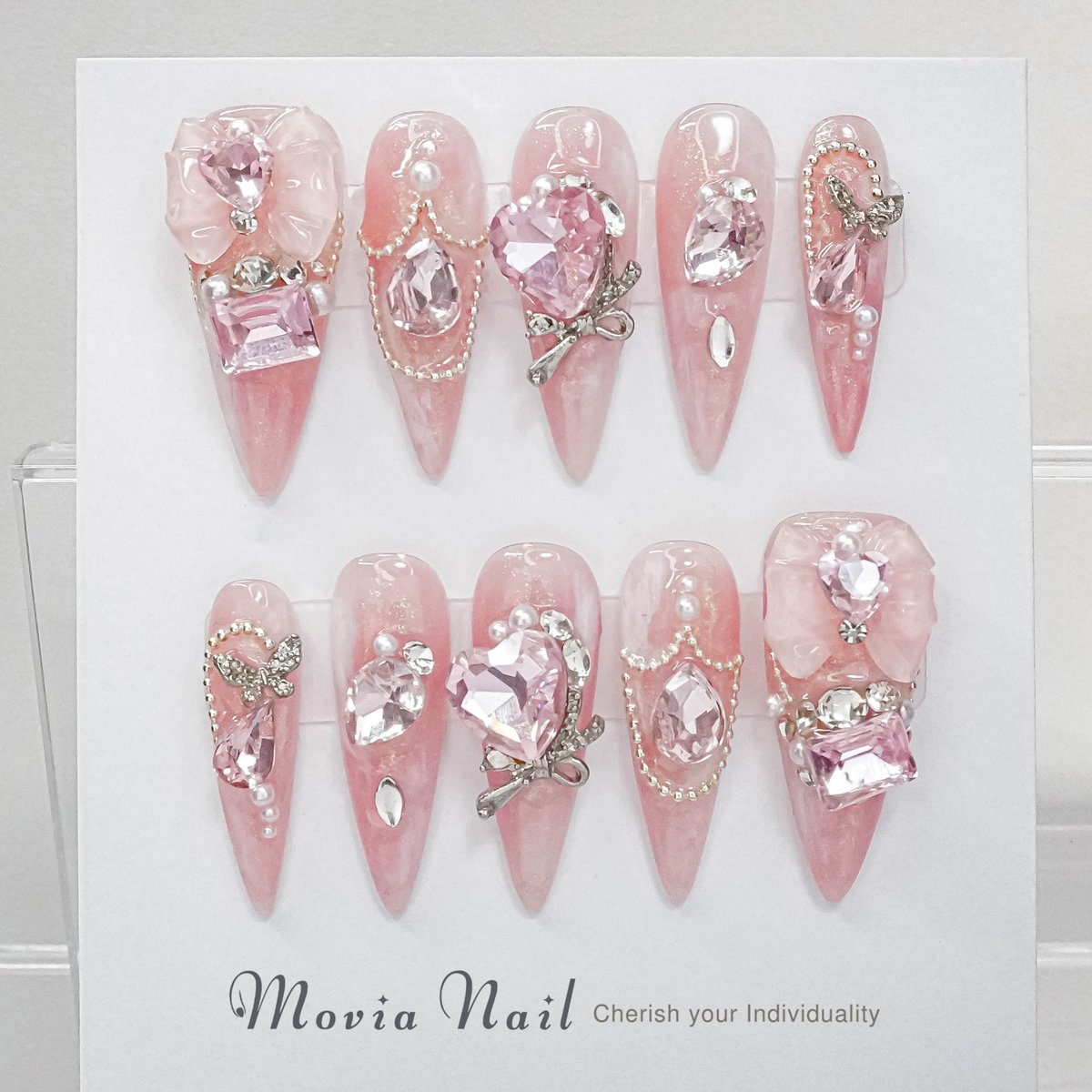 ♥ ネイルチップ 韓国 ワンホン シンプル 地雷 リボン ハート ピンク 量産型 ピンク274M⋈マグネット量産型地雷系ワンホン韓国ギャルゴテゴテ