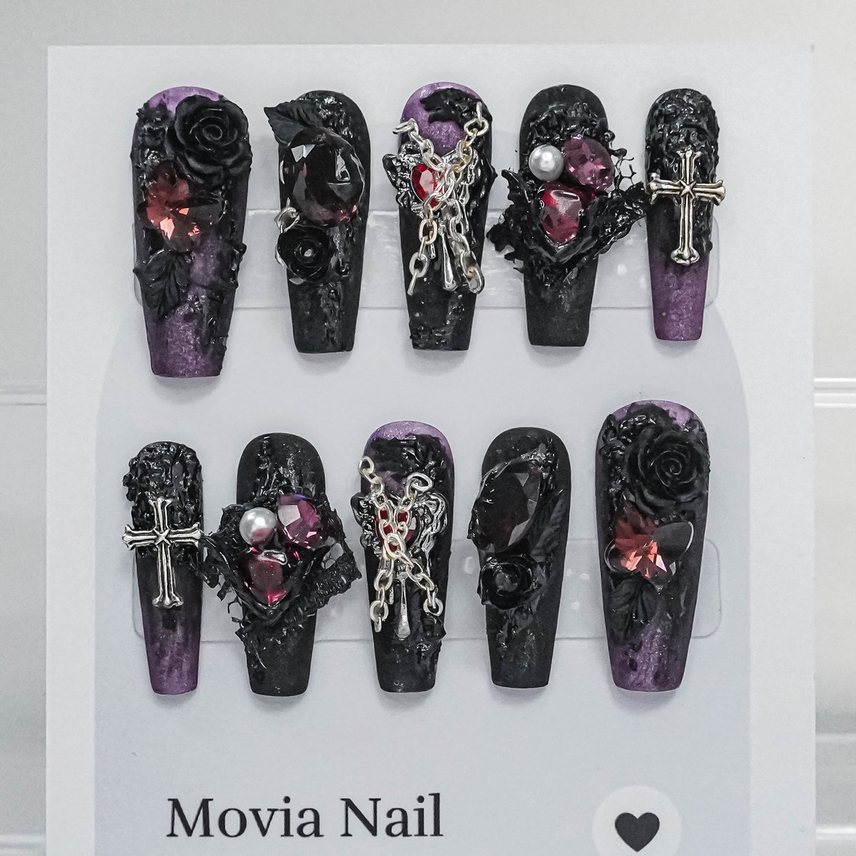 No.020】ネイルチップ♡サブカル♡地雷♡紫×黒ネイル【ロング料込】