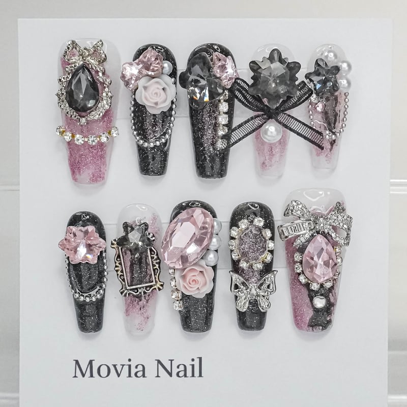 【No.042】ネイルチップ♡サブカル♡地雷♡紫×黒ネイル♡クロム【ロング料込】 No.042】ネイルチップ♡サブカル♡地雷♡紫×黒ネイル♡クロム