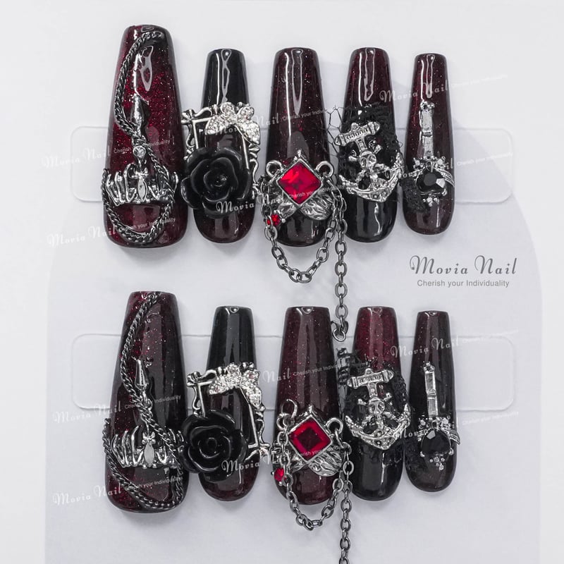 現品　ネイルチップ　ネイル　地雷　サブカル　量産型　赤　ロングポイント　黒 ネイルチップ 量産 地雷 韓国 現品 オーダー 地雷系 量産型 赤