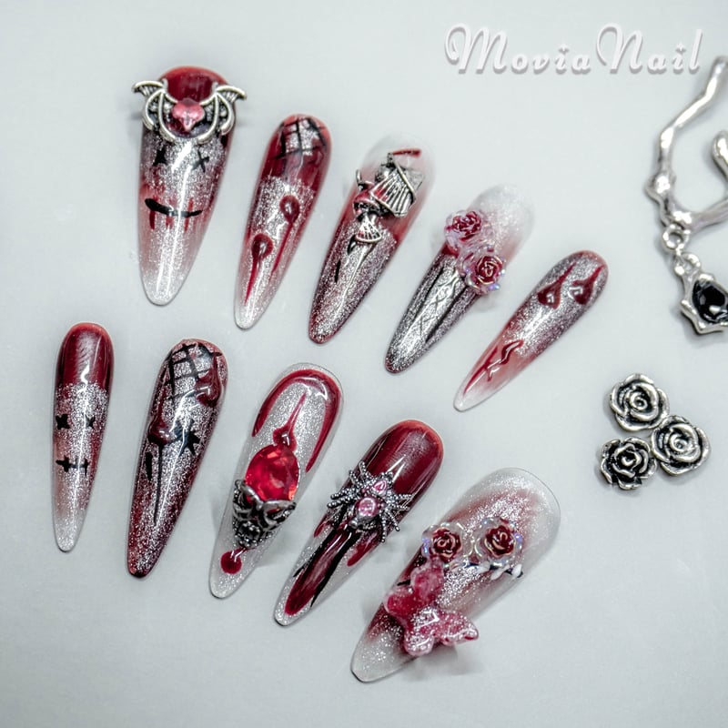 ネイルチップ☆地雷サブカル韓国☆赤☆ドクロクモ蝶々バンギャゴシック