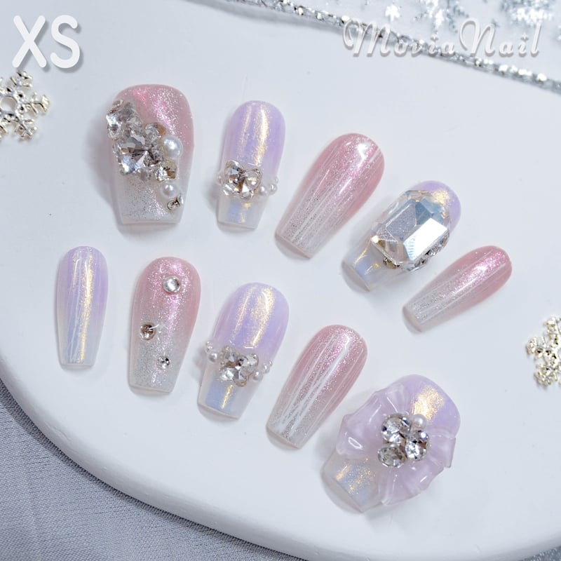 ネイルチップ‪‪⋈量産型 韓国 紫ピンクオーロラ リボン フレンチ‬‬  