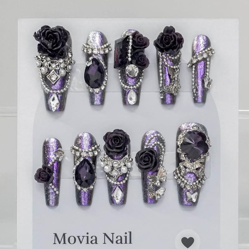 【No.042】ネイルチップ♡サブカル♡地雷♡紫×黒ネイル♡クロム【ロング料込】 1741538454.jpg?1669202390