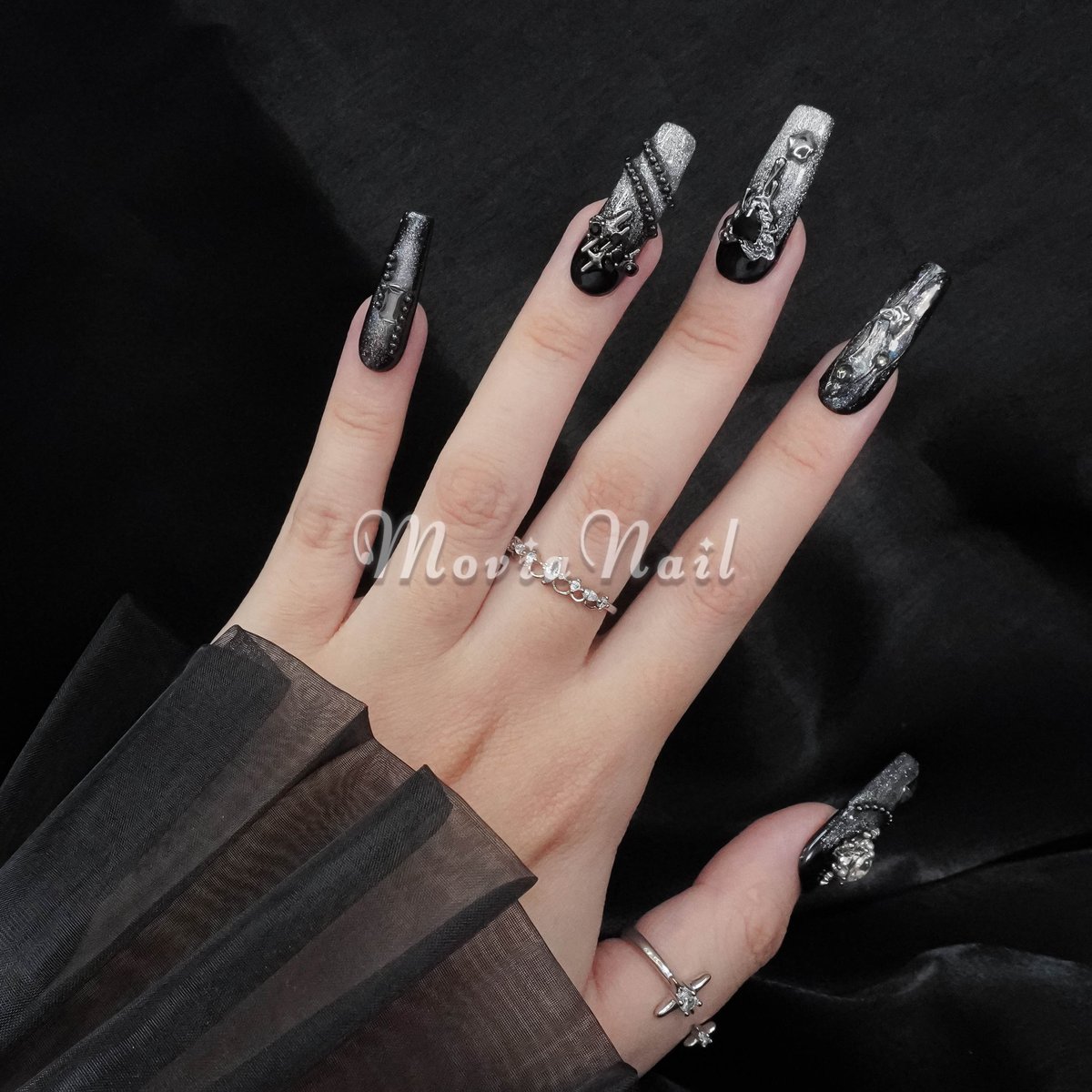 【No.028】ネイルチップ♡レースフレンチ♡ゴスロリ♡地雷サブカル♡黒ネイル♡ 黒217XS☆218S☆地雷系サブカルゴシックゴテゴテy2kハロウィン