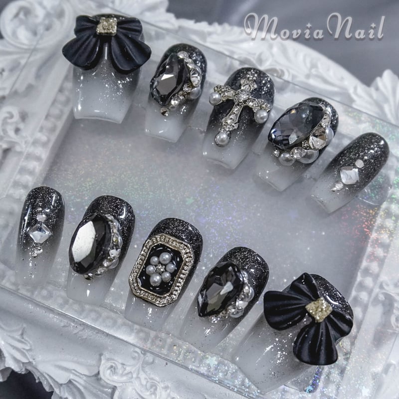 アクセサリーセット 黒 白 モノトーン 地雷系 リボン ネイルチップ