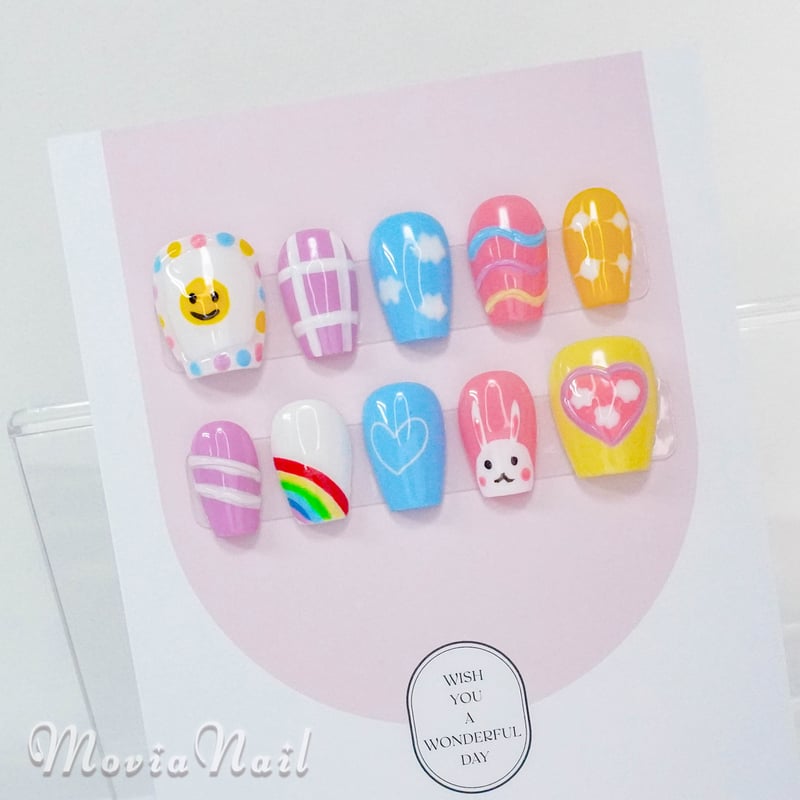 カラフル75M☆個性派手3Dぷっくり韓国ニコちゃんポップ夏ネイルチップ