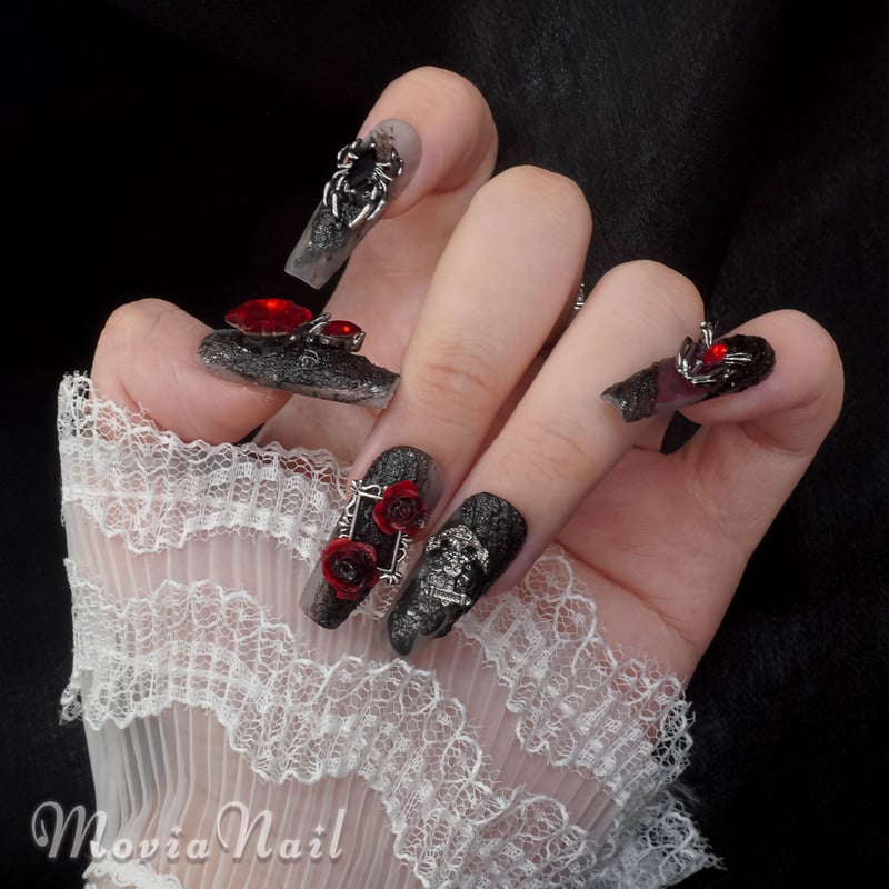 オーダー ネイルチップ 量産 韓国 バンギャ ゴスロリ y2k ガーリー 赤黒