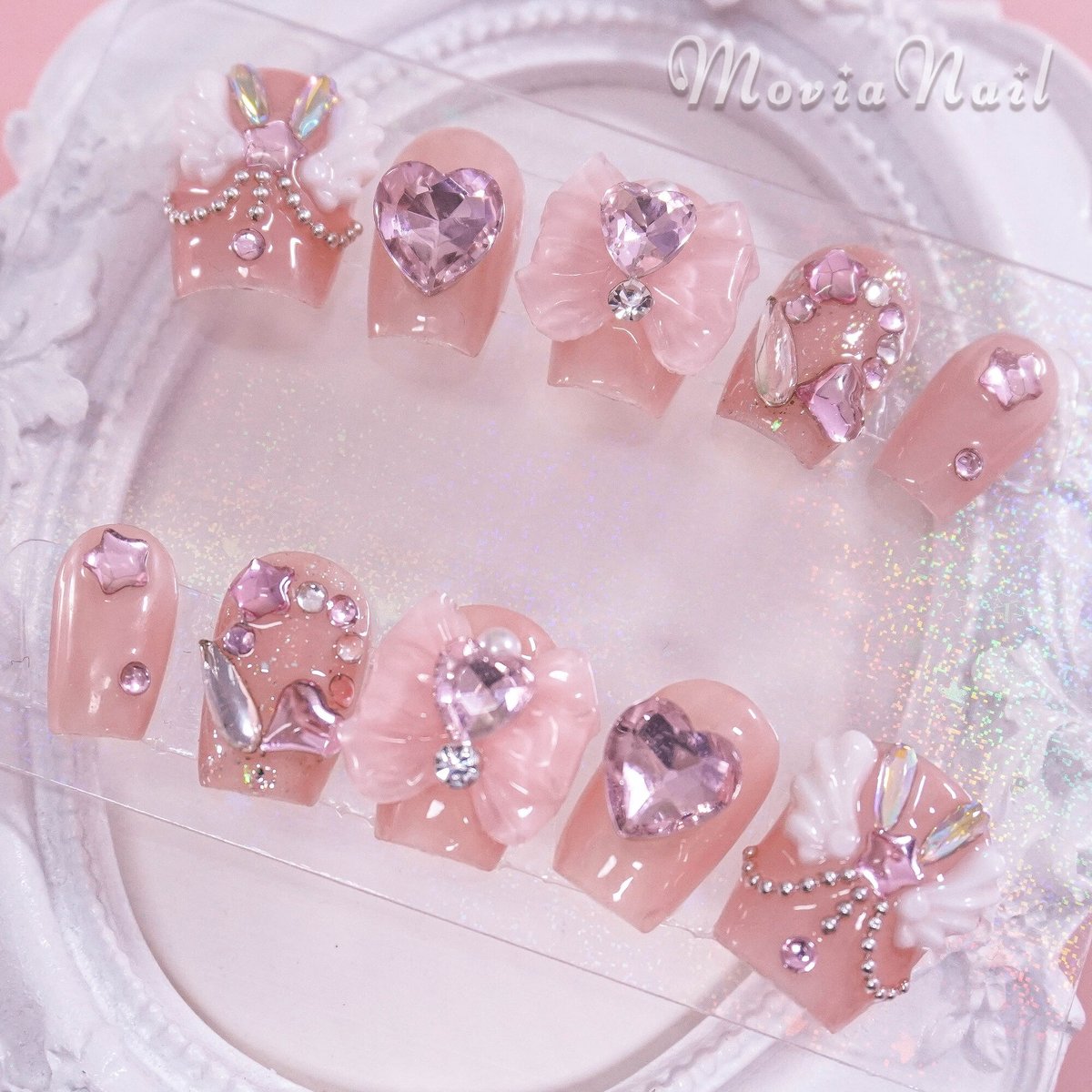 現品ネイルチップ ピンク天使の羽 かわいい翼ガーリーリボン キラキラ