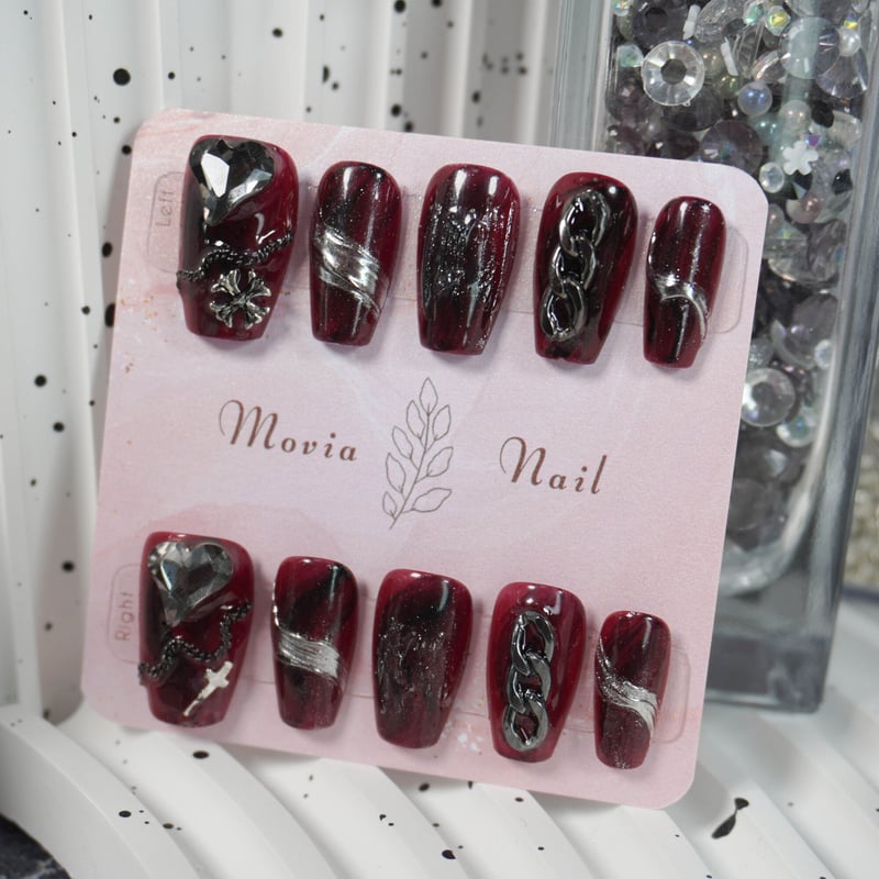 現品ネイルチップ ハートクロム風十字架チェーン金属風 地雷系ゴシック