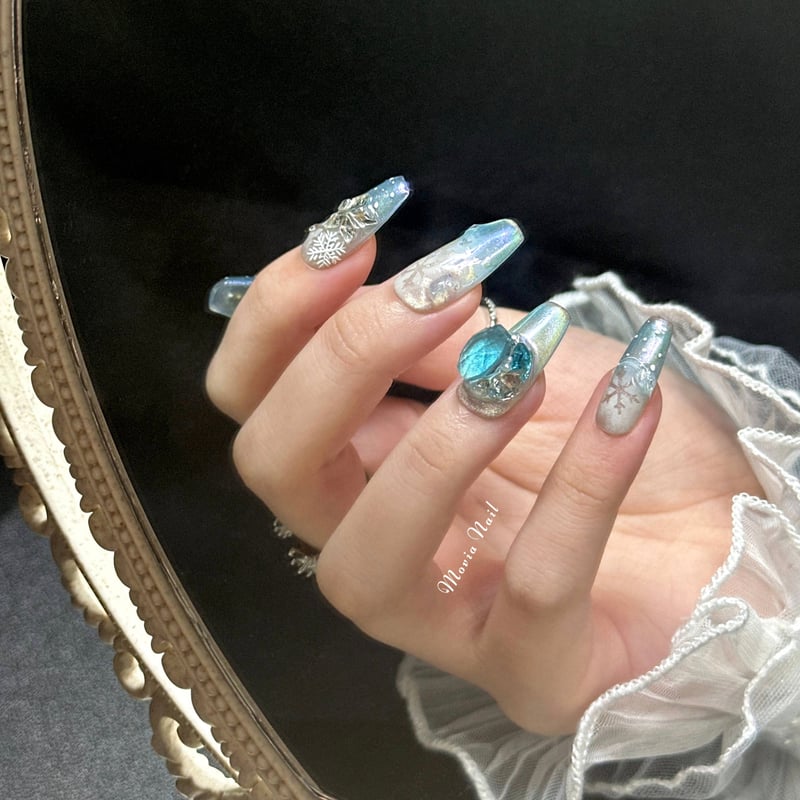 量産型 ギャル 韓国 ワンホン 水色 オーダーネイルチップ #67 ネイルチップ 量産型 ツイード ワンホン 韓国 水色 リボン #91 ネイル