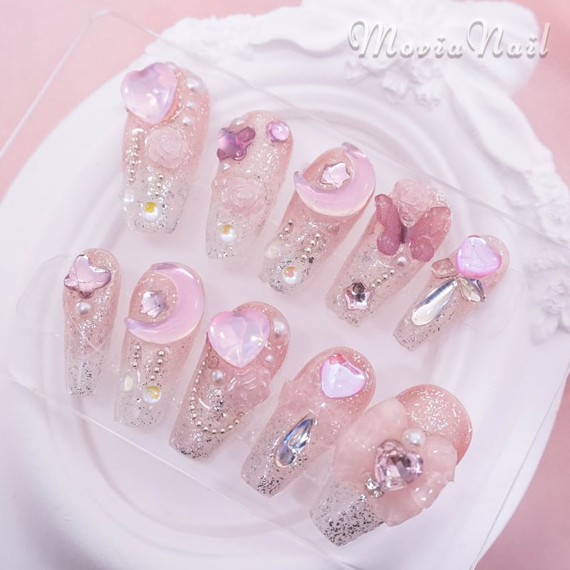 ネイルチップ‪‪⋈量産型 韓国 ピンク リボン蝶々ハート ゆめかわ‬‬