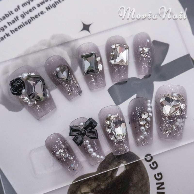 ネイルチップ‪‪⋈量産地雷系 韓国 黒 リボン フレンチガーリー‬‬