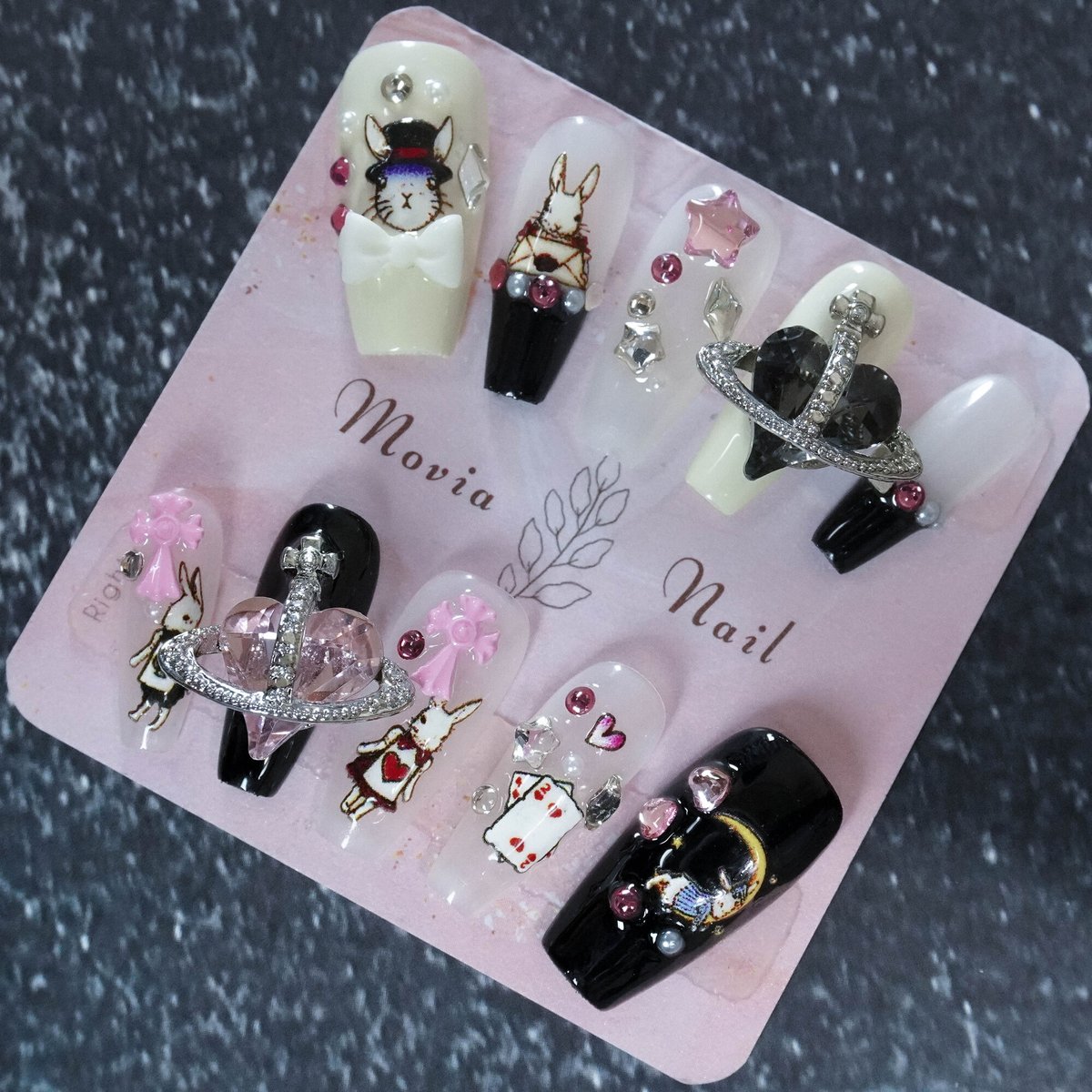 現品ネイルチップ 可愛いアリス風うさぎ立体ハートリボン ハロウィン 