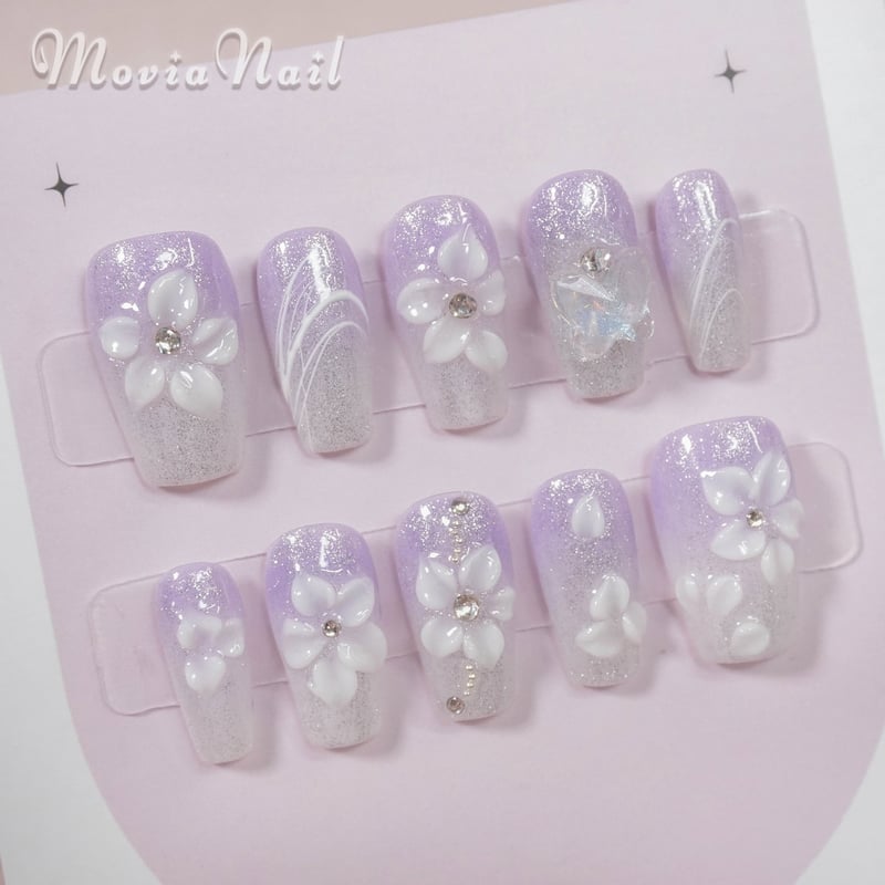 ネイルチップ‪‪⋈花柄フラワー春♡紫ホワイト♡3Dぷっくり蝶々和装振袖‬‬  