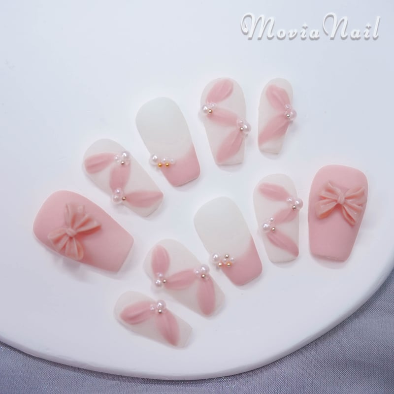 ネイルチップ‪‪⋈韓国 ピンク リボン レース 冬 マット 地雷 量産型‬‬  