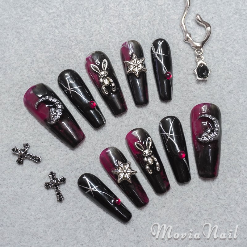 オーダーネイルチップ ゼブラ 天使 ゴシック バンギャ ロック 地雷 痛 赤33XS☆地雷系y2kサブカル韓国バンギャルゴシックゴテゴテ痛ネイル