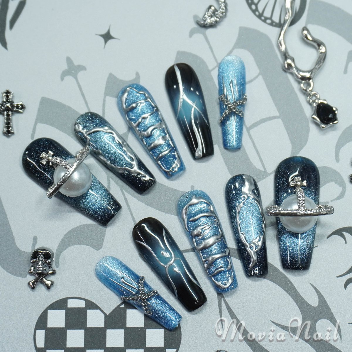 ネイルチップ オーダー マグネット 韓国 サブカル ガーリー Y2K ネイビー ネイルチップ オーダー マグネット 韓国 サブカル ガーリー Y2K