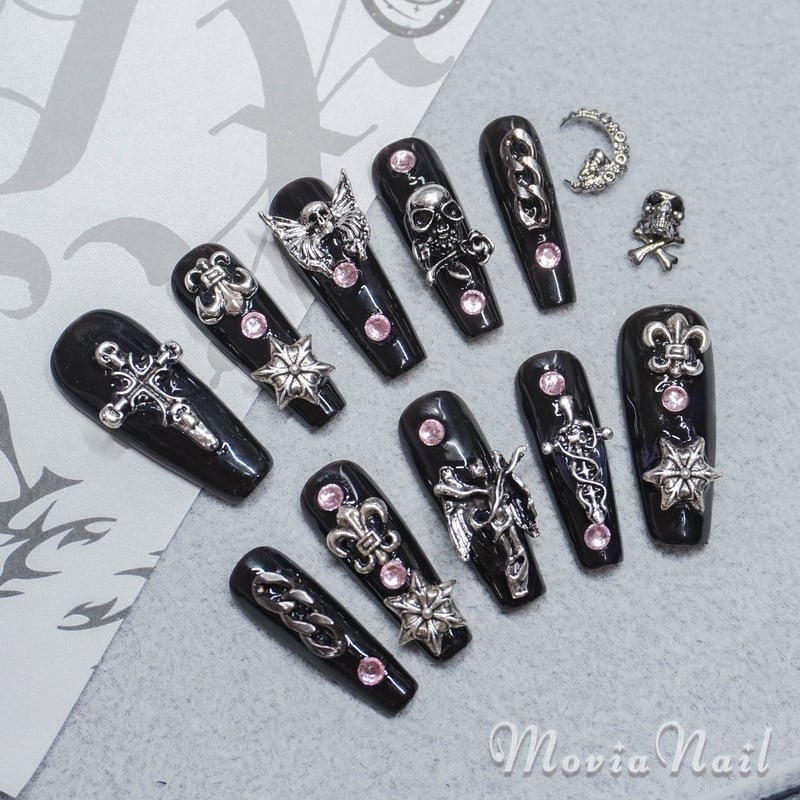 ネイルチップ☆地雷サブカル韓国☆黒☆ドクロ天使ゴテゴテバンギャ