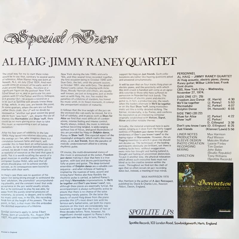 LP】Al Haig-Jimmy Raney Quartet / Special Brew