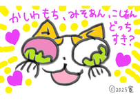 目が大きい猫の、かしわもち、みそあん、こしあんどっちすき？