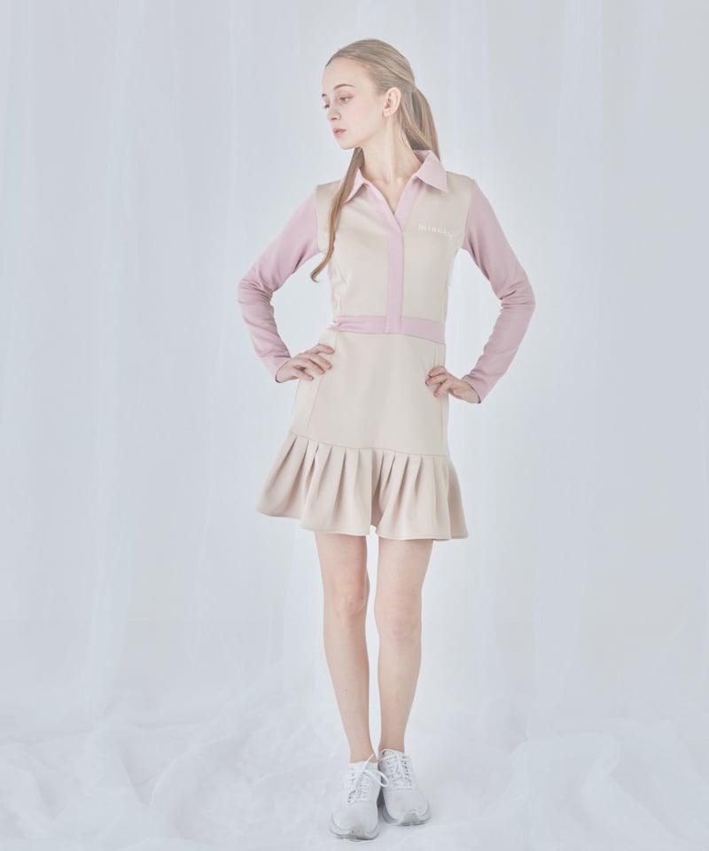 bi-color hem pleats one-piece (beige) | ミヌエール（m