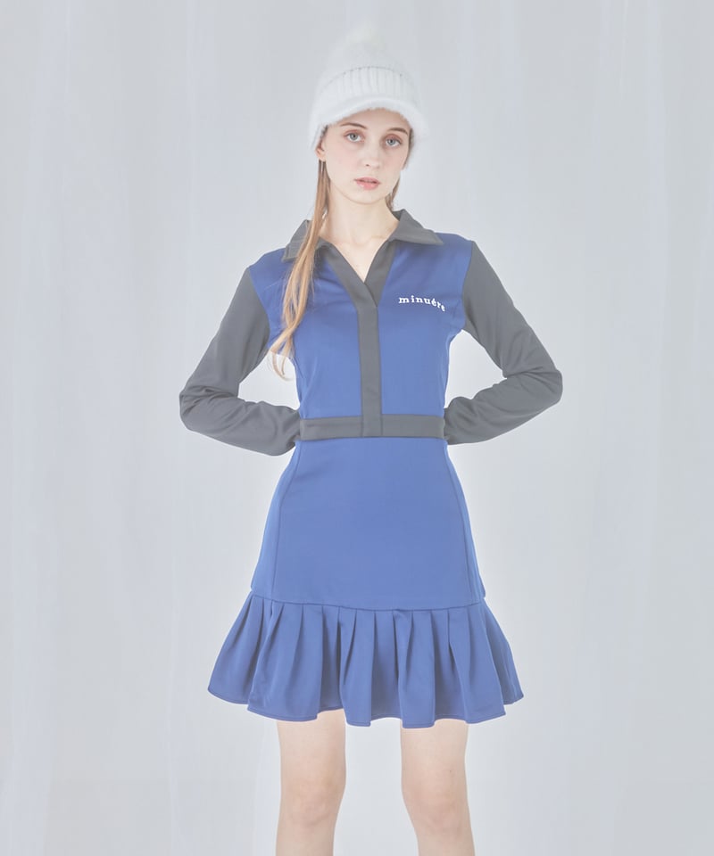 bi color onepiece（navy）　ミヌエール bi-color hem pleats one-piece (navy) | ミヌエール（mi