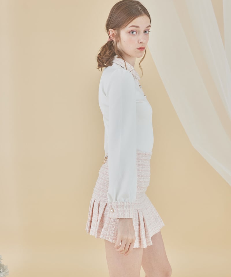 再入荷】tweed pearl button polo (pink) | ミヌエール（min