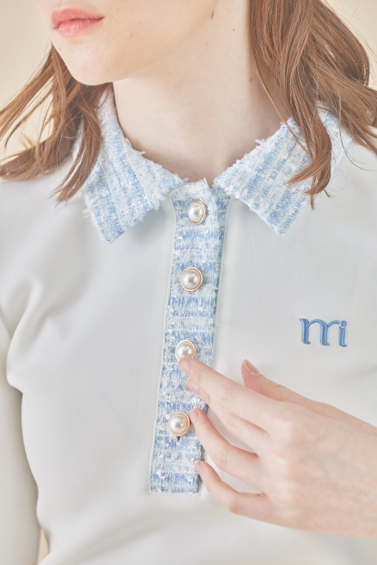 再入荷】tweed pearl button polo (l.blue) | ミヌエール（m