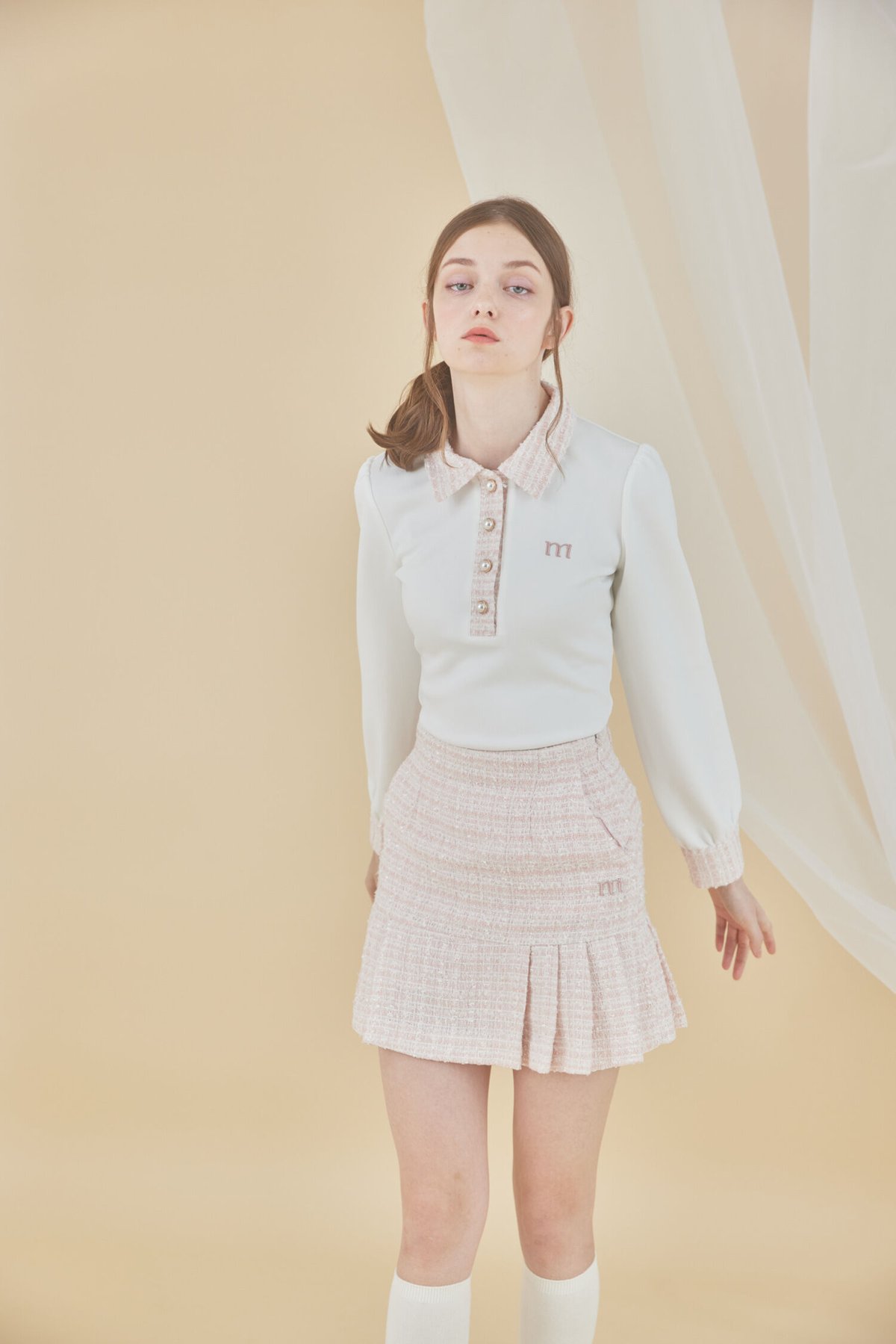 再入荷】tweed pearl button polo (pink) | ミヌエール（min