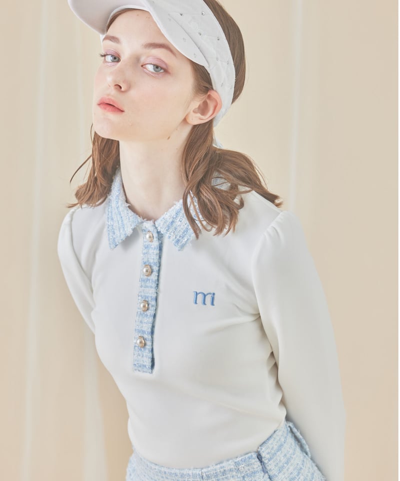 レディースウェア minuere tweed pearl button polo 再入荷】tweed pearl button polo (l.blue) | ミヌエール（m