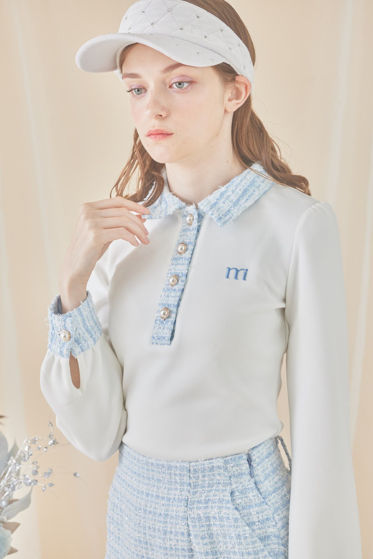 再入荷】tweed pearl button polo (l.blue) | ミヌエール（m