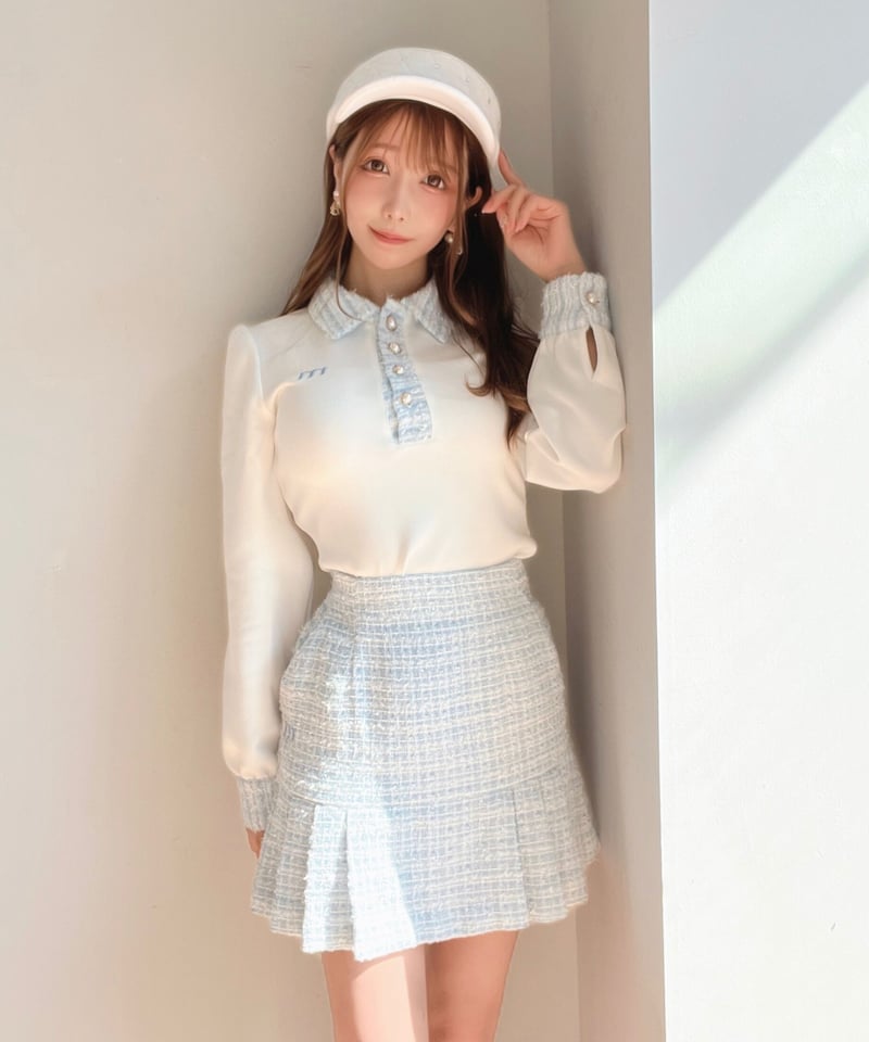 レディースウェア minuere tweed pearl button polo 再入荷】tweed pearl button polo (l.blue) | ミヌエール（m