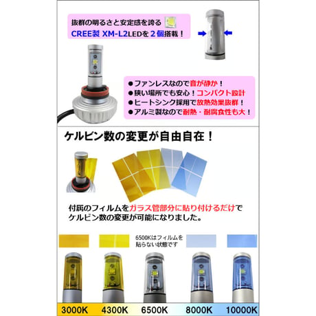 H8/2200LM /LEDヘッドライト/フォグ/3000K/4300K/6500K/8000K/10000K/フィルム付/互換品